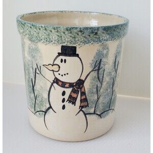 Stoneware Pottery Green Spongeware Utensil Crock Snowman Country Primitive 5.25"
